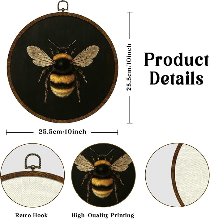 KLYTINK Vintage Bee Round Wall Art,Botanical Insect Canvas Print with Frame, Bee Dark Floral Naturalist Decor for Kitchen, Study, or Bedroom 10''x10'' (bee-01)