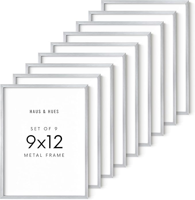 HAUS AND HUES 9x12 Silver Metal Picture Frames - Premium Aluminum with Vertical & Horizontal Hanging, Shatterproof Plexiglass - Perfect for Home or Office (9x12 in, Silver, Set of 9)