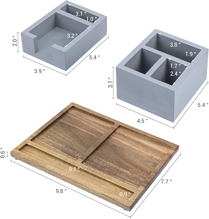 MyGift Modern Concrete Office Desktop Stationery Holder Set with Sticky Note Storage & Acacia Wood Tray – 3-Piece Desk Organizer