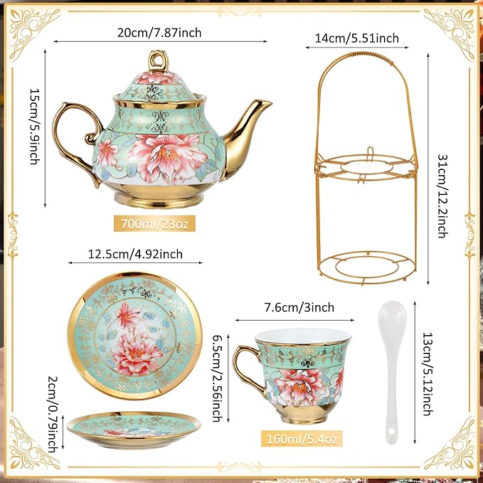Zhehao 20 Pcs Porcelain Tea Set with Metal Holder and Spoon Adult Ceramic Tea Set European Flower Painting Teapot Cup Saucer Spoon for Women, Large Version(Fresh Style)