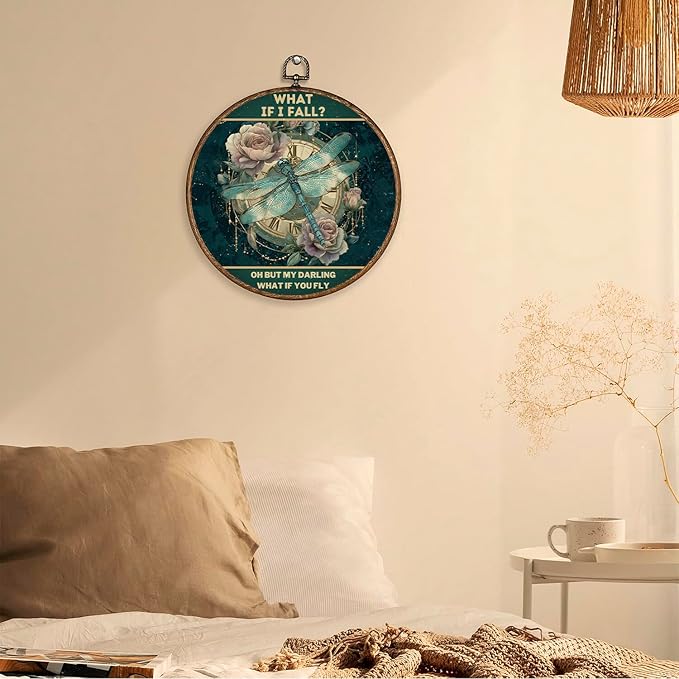 365CUSGIFTS Boho Timeframe Dragonfly Wall Art Decor, Botanical Canvas Prints, Farmhouse Flower Round Wall Hanging, Boho Wall Art for Living Room Bedroom Kitchen, 10x10 Inch