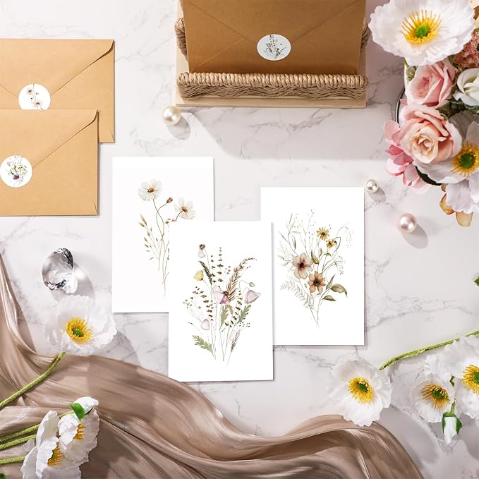 100 Pcs Blank Note Cards and Envelopes 4x6 Elegant Floral Design Blank Greeting Cards with Matching Peel-and-seal Stickers Plain Notecards Stationery for All Occasions, 10 Designs