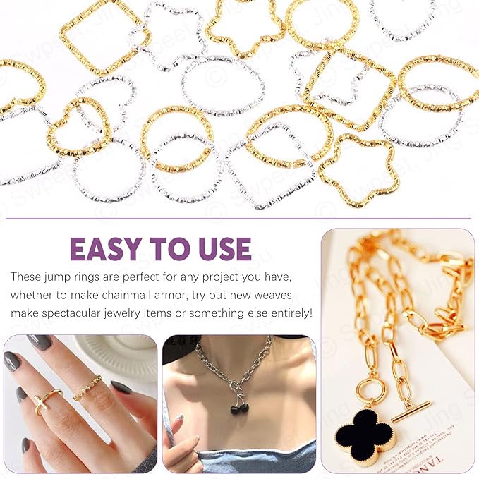 Swpeet 400Pcs Gold and Sliver 12mm 15mm 16mm 18mm 5 Styles Open Jump Rings Assortment Kit, Plum Bossom/Water Droplets/Heart/SquareIron O Rings Connectors Jewelry Findings