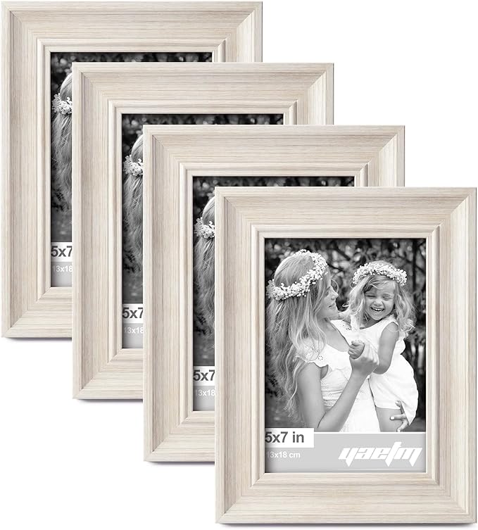 Yaetm 5x7 Picture Frame Set of 4, 1.4” Wide Molding & Rustic White Photo Frames 5 x 7 with HD Tempered Glass, Display on Tabletop & Wall Mounting (4 Pack, White)