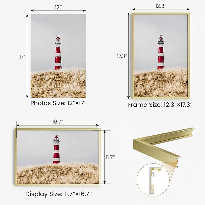 12x17 Aluminum Metal Picture Frame,Tempered Glass Gold Photo Frame 12x17 for Family Photo,Posters,Art,Document to Wall Mount Horizontally or Vertically