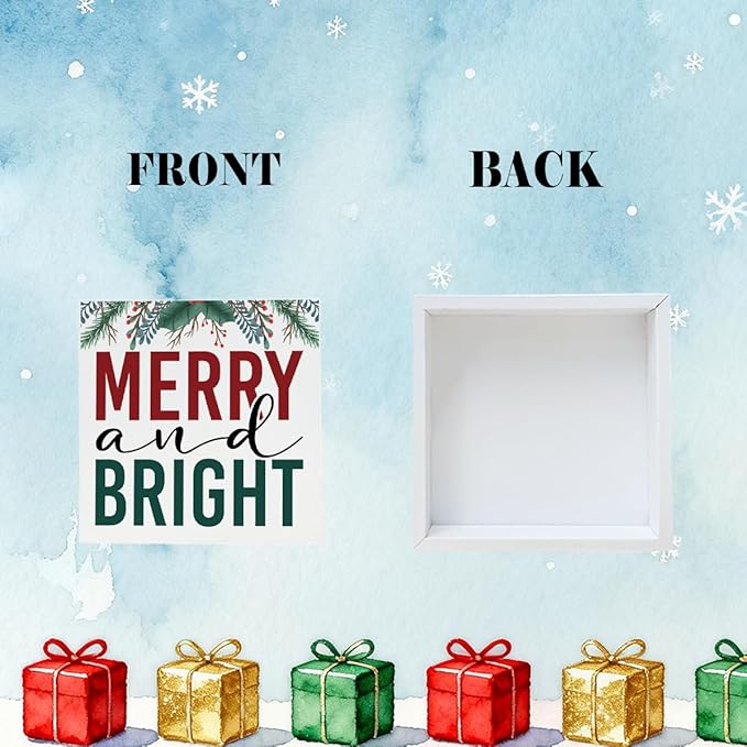Christmas Wooden Desk Decor Sign, Merry and Bright Wooden Box Sign, Holiday Tabletop Home Plaque with Berry Design, Winter Christmas Decor for Living Room Bedroom Office 5x5 Inches