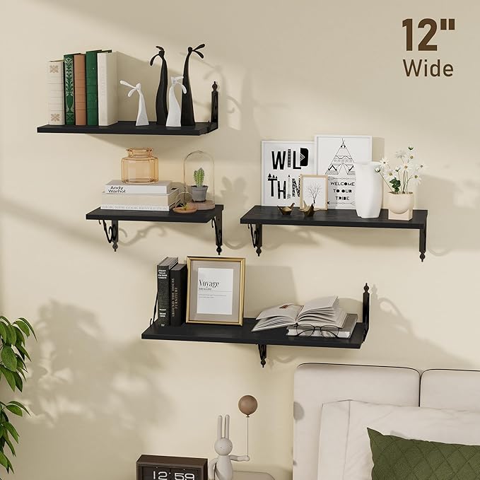 Dreamland Deep Floating Shelves, 24" W x 12" D Wall Shelves Set of 2, Wide Display Shelf Wall Mounted with Brackets, Bookshelf for Living Room, Bathroom, Bedroom, Black