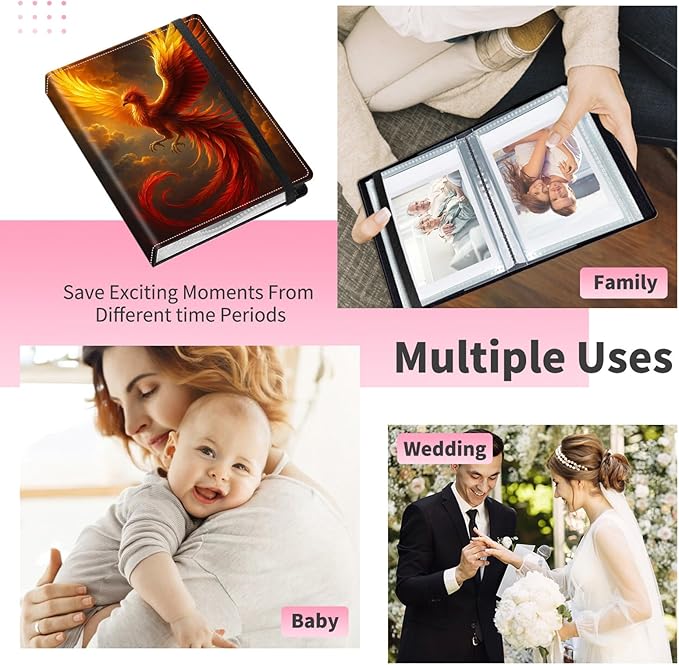 Mini Photo Album 2x3,60 Photos Capacity,PU Leather Cover with Elastic Band,High Definition Waterproof PP Pages for Family Wedding Anniversary Baby Record,Phoenix Flame Bird