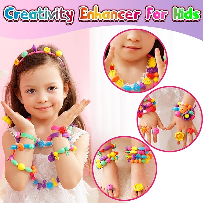 FUNZBO 850pcs Pop Beads - Jewelry Making Kit for 3 4 5 6 7 8 Year Old Little Girls, Arts and Crafts Toys for Kids, Necklace Bracelet Ring Hairband Creativity Snap Set Holidays Christmas Birthday Gifts
