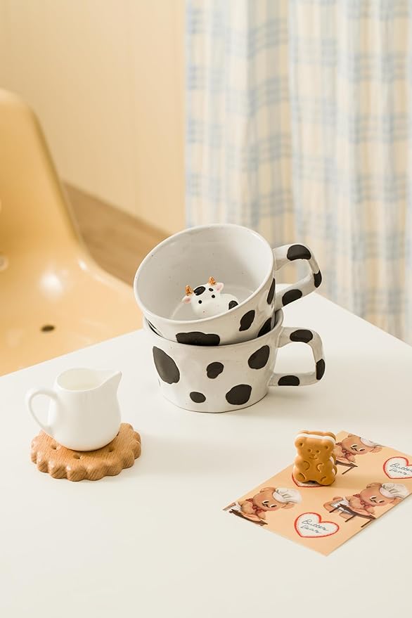 DIHOclub Farmhouse Ceramic Coffee Mug with Animal Figurine – Rustic Stoneware Cup, Matte Finish, Ideal for Breakfast & Home Decor (Black White Cow)