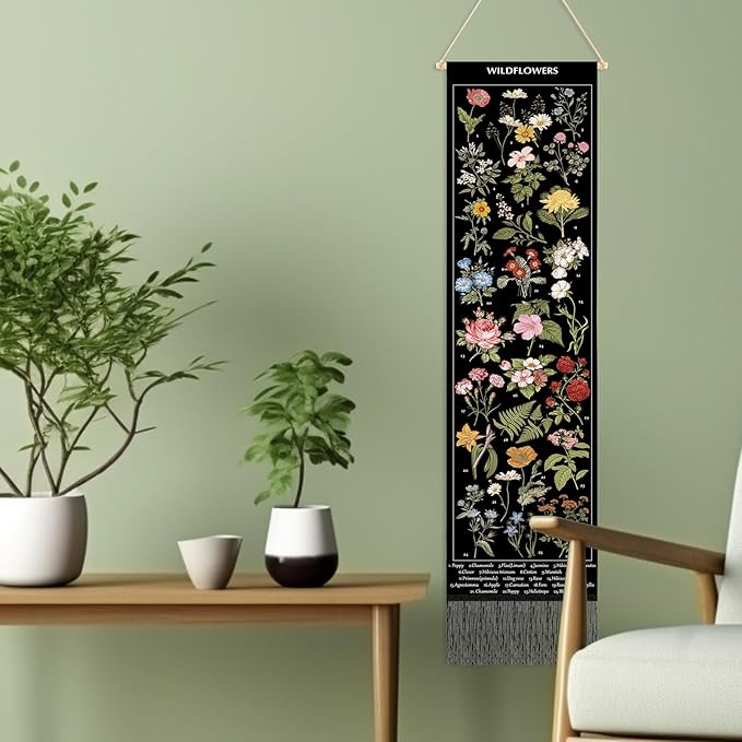 Geetery Vintage Floral Vertical Tapestry Wall Hanging Long Narrow Wall Fabric Flower Hanging Reference Illustrative Botanical Tassel Tapestry for Home Decor Gift (Black)