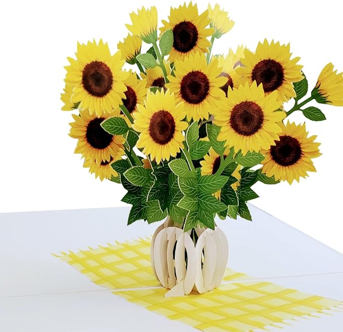 iGifts And Cards Sunflower Bouquet in Vase 3D Pop-Up Card – Positivity, Encouragement, Get Well Gift – Cheerful Handmade Surprise for Birthday, Spiritual Awakening, or Miss You – 5x7 Floral Greeting