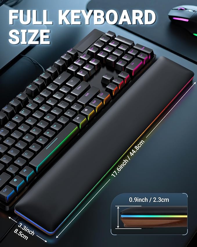 ASFSKY RGB Keyboard Wrist Rest, Ergonomic Memory Foam Wrist Pad with PU Leather & Wooden Base, Non-Slip and Easy-to-Clean Design, RGB Wrist Support for Mechanical Keyboard, Gaming & Office Use
