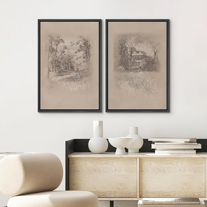 SIGNWIN Framed Canvas Print Wall Art Set Countryside Home and Trees Sepia Landscape Drawings Illustrations Modern Art Scenic Colorful for Living Room, Bedroom, Office - 24"x36"x2 Black