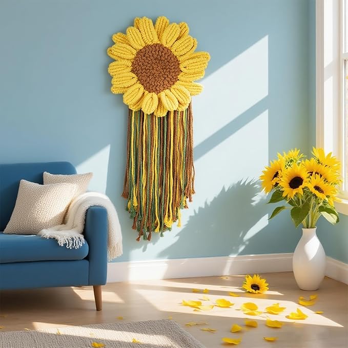 Macrame Sunflower Wall Hanging Handmade Woven Flower Home Decor Tassle for Room Office(12.9" x19.68" Inches)