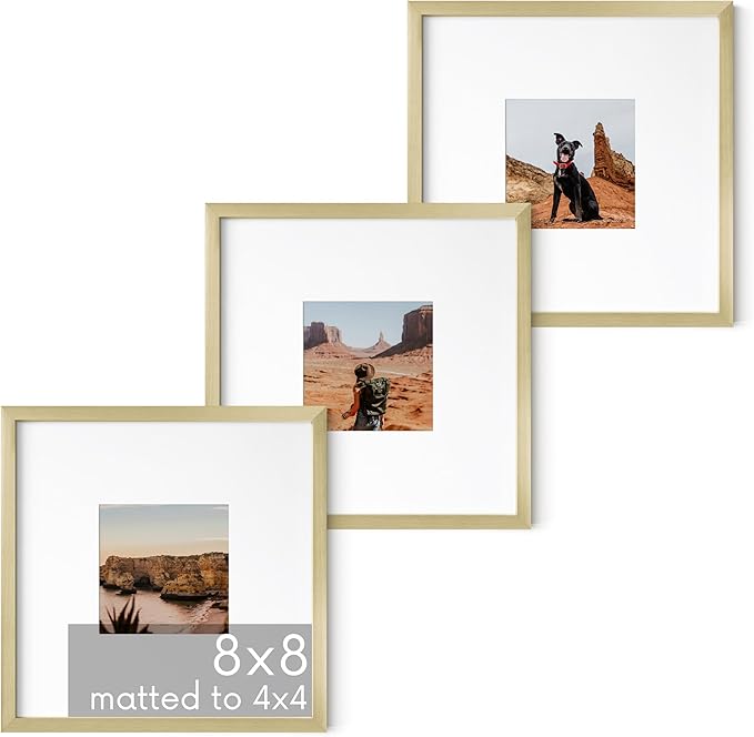 HAUS AND HUES 8x8 Gold Metal Picture Frames Matted to 4x4 - Features Premium Aluminum & Hanging Hardware, Shatterproof Plexiglass - Ideal for Home, Room, Office (8x8 in, Gold, Set of 3)