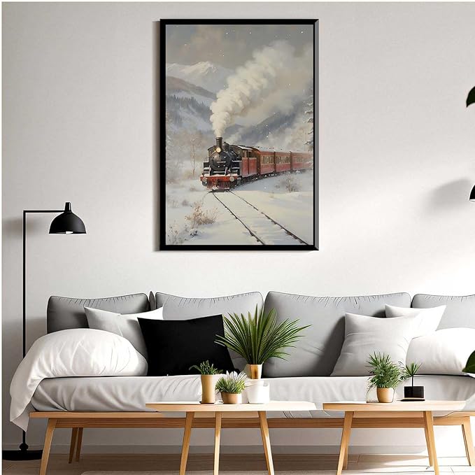 Framed Canvas Wall Art Christmas Print Train Painting Winter Scenery Landscape Snowy Railroad Wall Art Moody Christmas Decor 12x18in Metal blackFramed