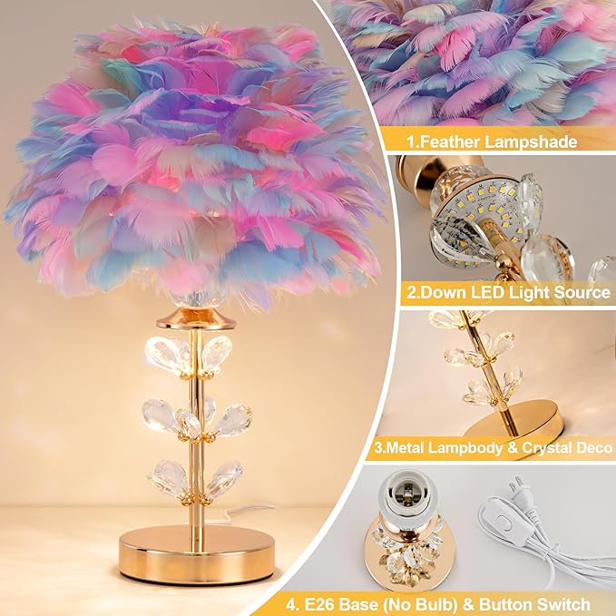 Colorful Feather Lamp Romantic Bedside Nightstand Lamp Creative FfluffyTable Lamp Modern Furry Desk Light for Princess Girls Bedroom Living Room Wedding Christmas Gift Deco Entry Office