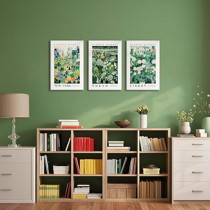 XLARTMY Flower Market Wall Art Prints Canvas Green Yellow White Floral Paintings Colorful Botanical Travel Flower Posters for Home Decor Pictures Set of 3 for Living Room Bedroom 16x24in