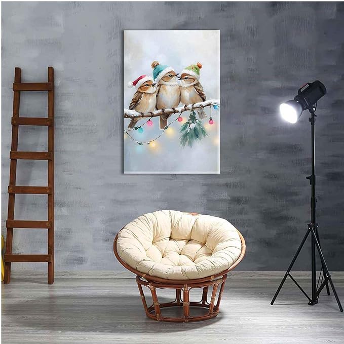 Framed Canvas Wall Art Christmas Birds Winter Art Print Wall Art Holiday Poster Trendy Christmas Decor 24x36in Wood Framed