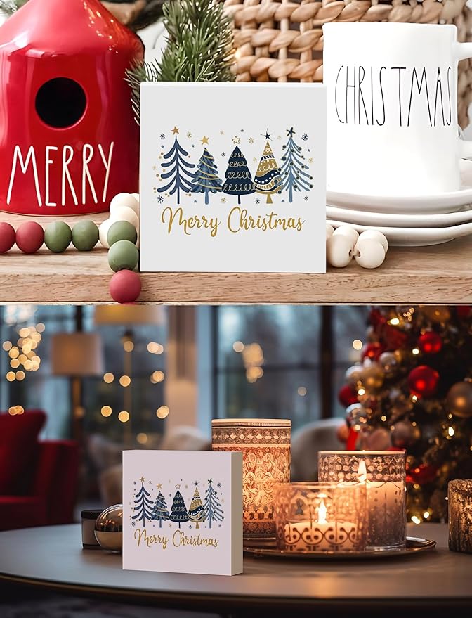 Blue and Gold Christmas Tree Wooden Box Sign, Merry Christmas Decorations, Xmas Holiday Winter Wood Signs for Home Office Desk Shelf Tabletop Decor, 5x5 Inch Decorative Signage