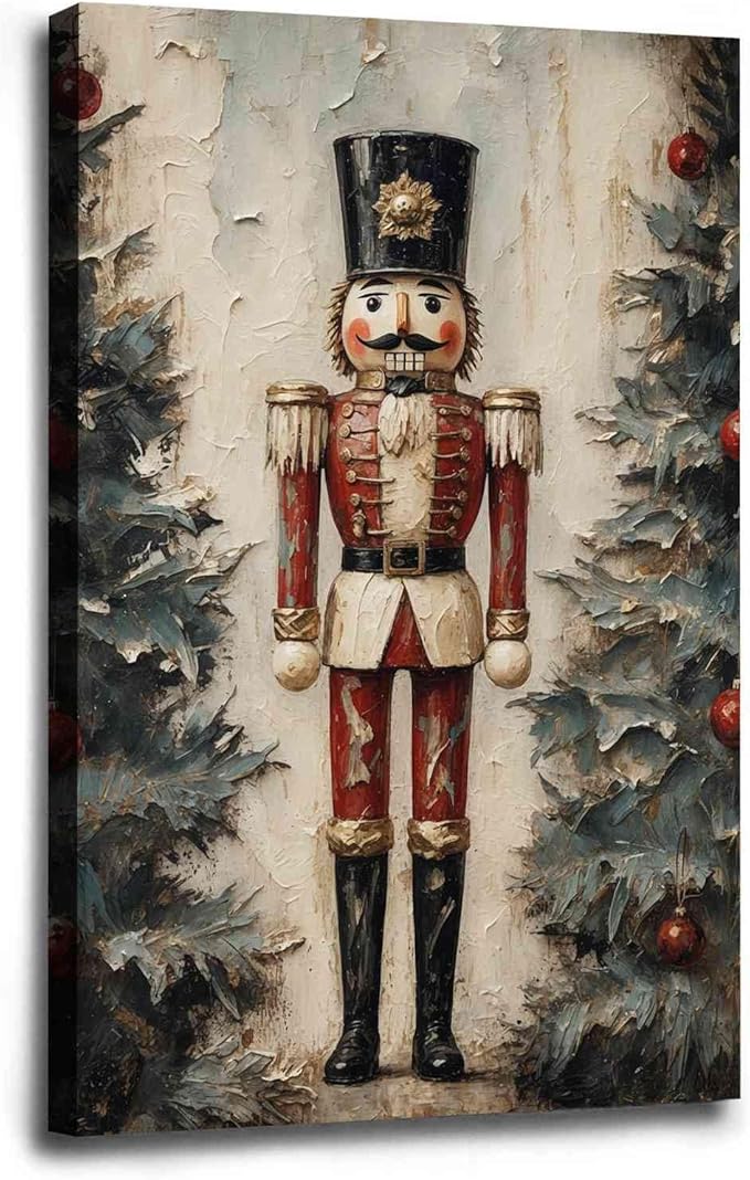 Nutcracker Soldier Vintage Christmas Art Holiday Doll Canvas Wall Art Traditional German Decor Red Uniform Soldier Prin Poster Indoor Decor for Home Offices Living Room Bedroom Framed Ready to Hang