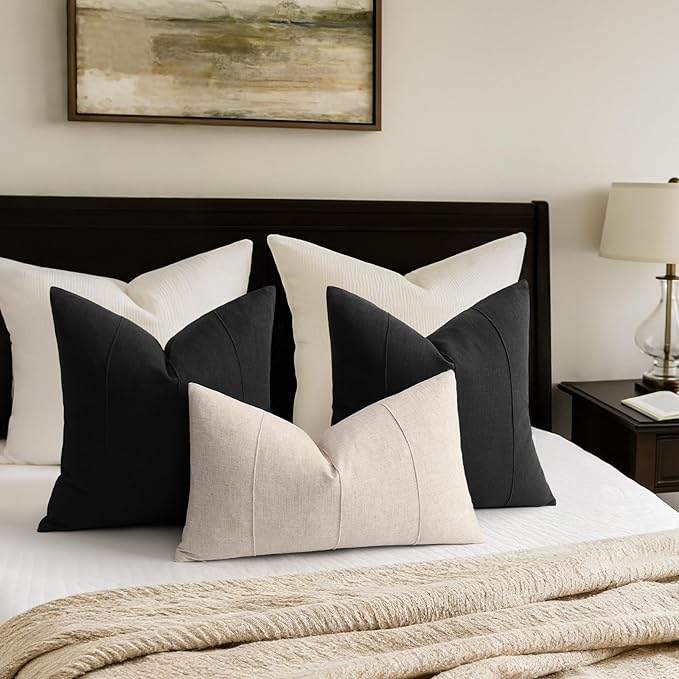 ZWJD Decorative Linen Throw Pillow Covers 26x26 Set of 2 Solid Handcrafted Striped Cushion Covers for Bed Soft Modern Farmhouse Neutral Pillowcase for Couch Bedroom Living Room Home Decor(Black)