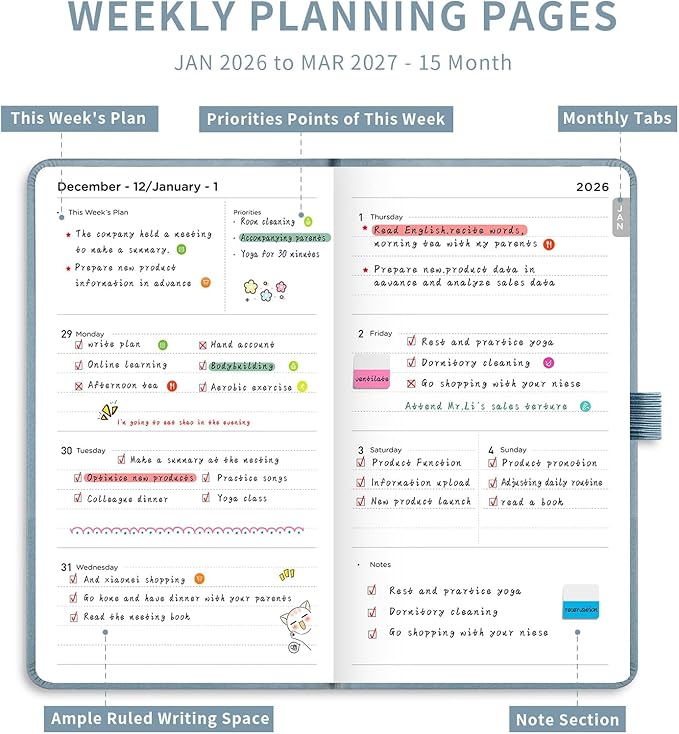 AHGXG Small Pocket Planner 2026-2027, Weekly and Monthly Calendar Planner, 15 Months, JAN 2026 - MAR 2027, Mini Size, Hardcover, Inside Pocket, For Women Men School Home Office Supplies, 3.9''X 6.7'' - Gray Blue