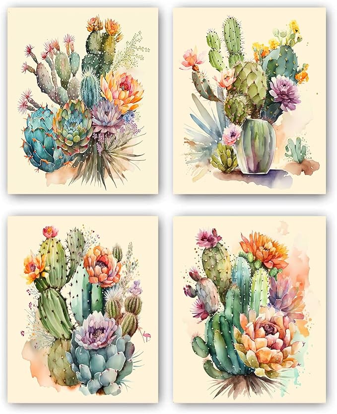 Cactus Posters, Canvas Wall Art Cactus Decor,Cacti Botanical Prints,Green Flowers and Plants Bathroom Poster Printing Women's Apartment Office Fashion Gift (8x10 inch，Set of 4，Unframed)