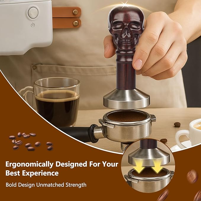 51mm Coffee Tamper - Espresso Hand Tamper with Skull Handle, Steel Base & Ebony Wood Grip, Espresso Accessories Gifts for Your Portafilter
