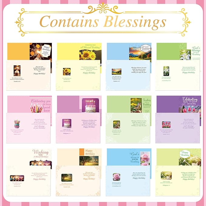 48 Pack Religious Christian Birthday Cards Bulk with Scripture Assorted Bible Verse 4.5 x 6.2 Inch Christian Blessings Birthday Greeting Cards with Envelopes and Stickers (Warm Message Style)
