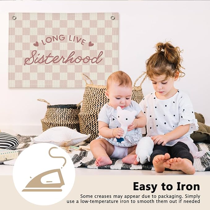 Long Live Sisterhood Preppy Pink Checkered Girls Room Decor - Linen Banner Wall Hanging Canvas Banner Flag Decor for Toddler Girly Bedroom Playroom Nursery Dorm Apartment