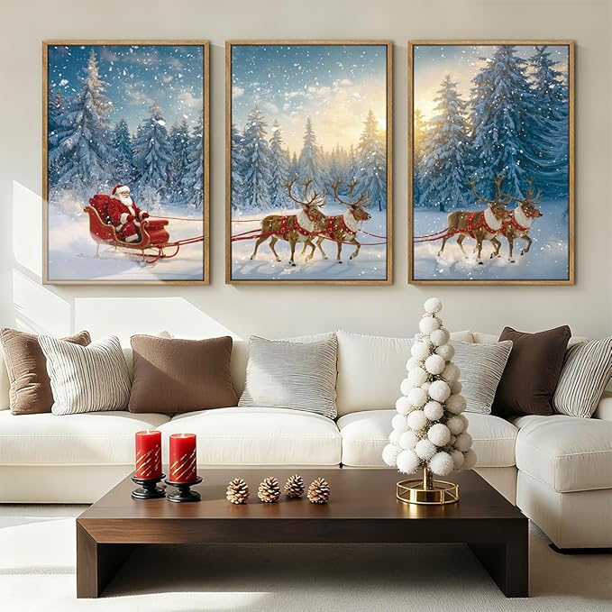 Framed Christmas Wall Art Santa Claus Wall Art Santa Winter Artwork for Living Room Bedroom Dining Room 16x24 Inches Set of 3