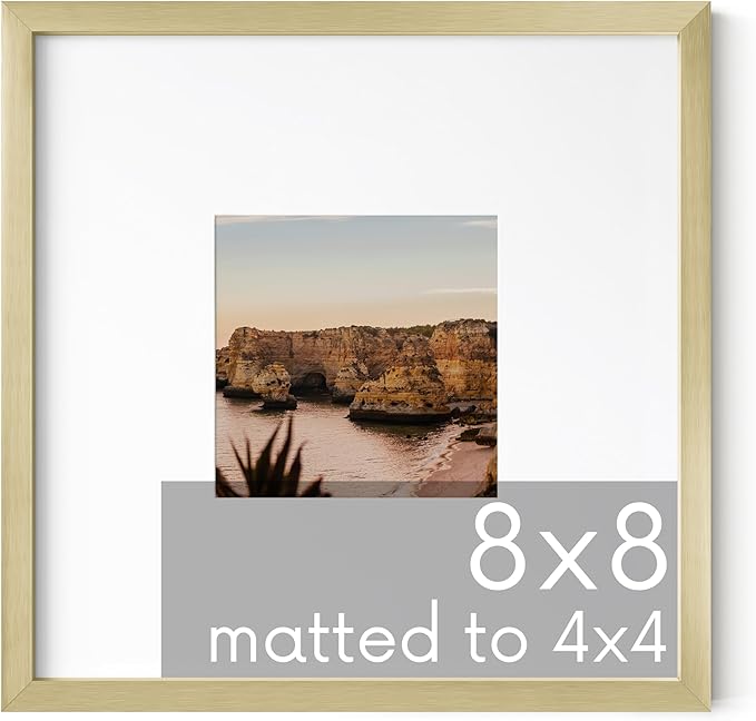 HAUS AND HUES 8x8 Gold Metal Picture Frame Matted to 4x4 - Features Premium Aluminum & Hanging Hardware, Shatterproof Plexiglass - Ideal for Home, Office (8x8 in, Gold, Set of 1)