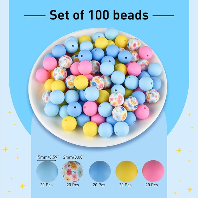 ASTARON 100 Pcs 15mm Silicone Beads for Keychain Making,Yellow Pink Blue Round Beads for Bracelets Crafts Beadable Pens Decorations Jewelry Making Party Favors Supplies