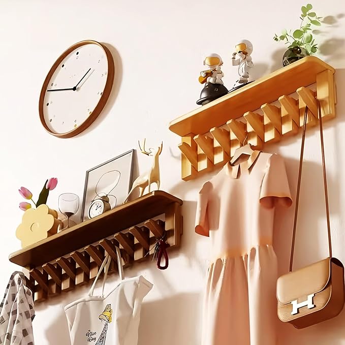 Wall Mounted Coat RackHooks Piano Key Hangers Natural Solid Wood Hanger Non-Woven Fabric Clothes Hangers for Closet, Kitchen, Bedroom, Bathroom, Entryway (Tray-Walnut, 6 Hooks)