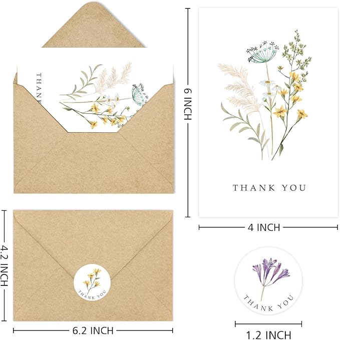 48 Pack Floral Thank You Cards with Envelopes, Wildflower Thank You Notes with Kraft Envelopes for Wedding Bridal Shower Baby Shower Teachers Graduation, 4 x 6 Inch