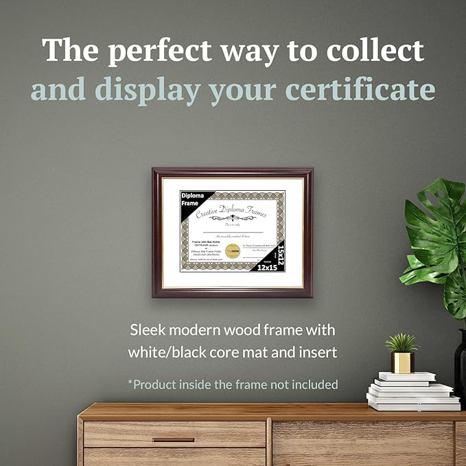 Creative Picture Frames 12x15 Mahogany Gold Rim Diploma Frame with White Mat Glass and Installed Wall Hangers | Frame Holds 16x20 Media without Mat
