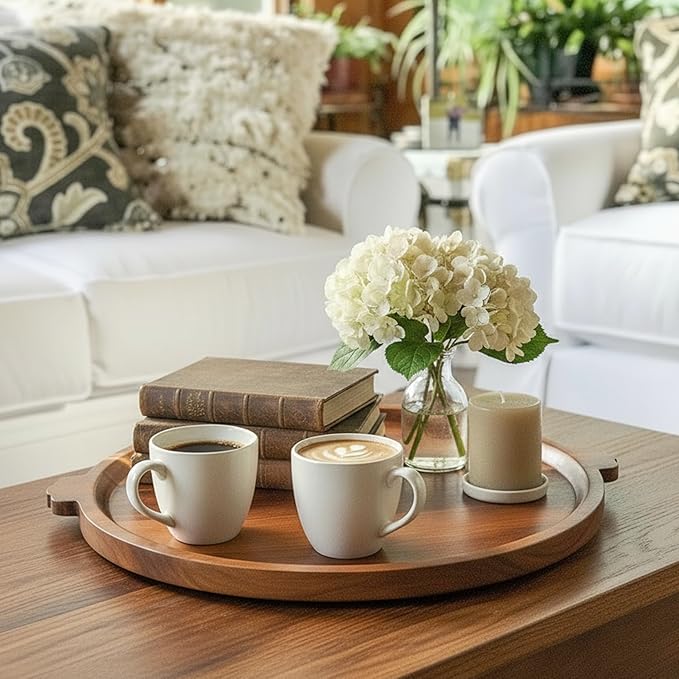 Charcuterie Board | Acacia Wood Serving Tray with Handles 13'' | Round Decorative Ottoman Coffee Table Tray | Large Wooden Cheese Board Serving Platter for Party Supplies