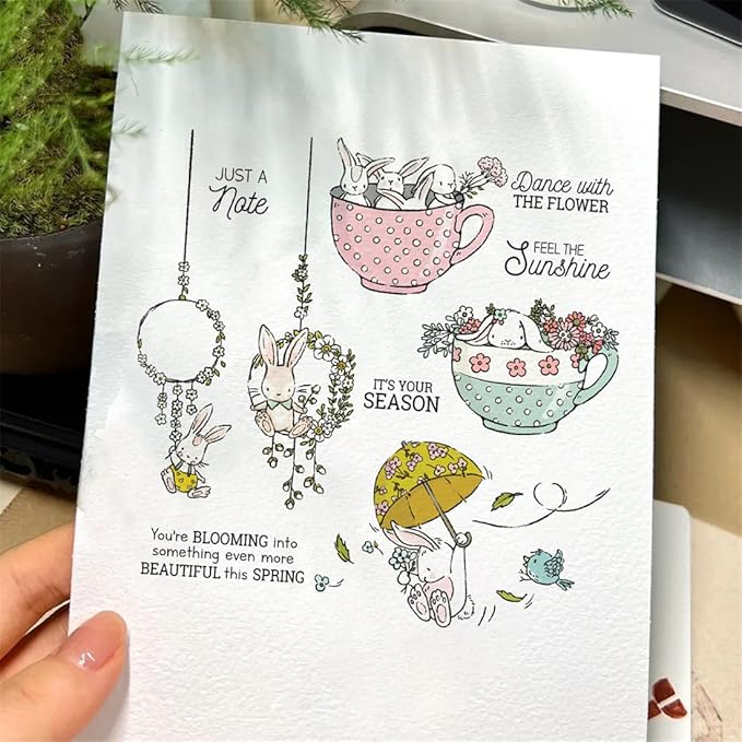 Spring Rabbit Flower Wreath Stamps and Cutting Dies for Card Making DIY Transparent Silicone Clear Stamp and Metal Die Cuts Sets for Scrapbooking Paper Greeting Cards Decor Seals Craft Supplies