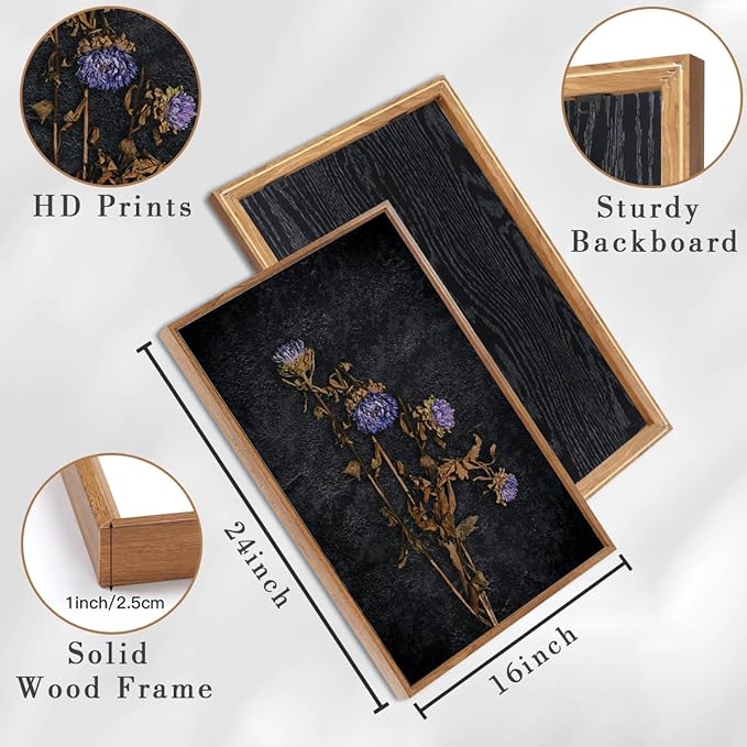Anyzal Large Dark Moody Wall Art Framed Black Dried Floral Wall Decor Vintage Wildflower Artwork Prints for Living Room Bedroom Office 16x24 Inch Set of 3