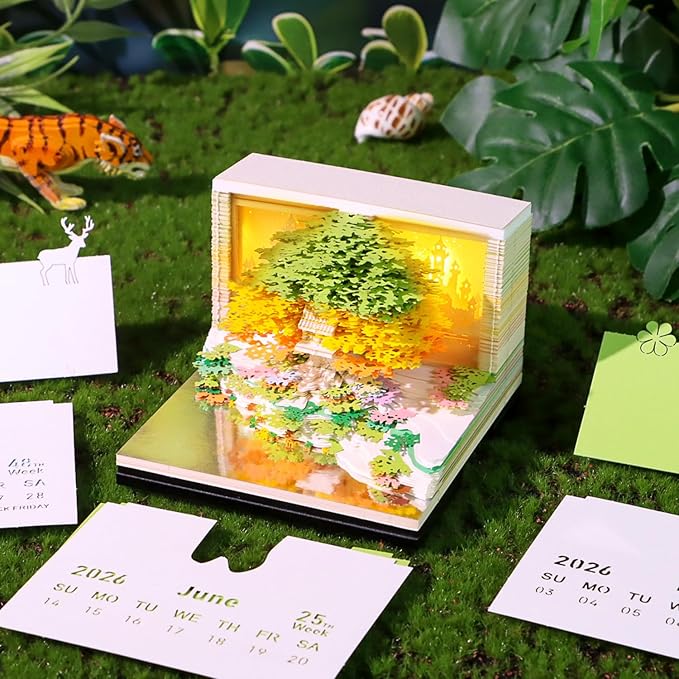 3D Calendar 2026, Flower Sea and Tree Island Time Piece Calendar 2026, Daily Tear-Off Memo Pad with LED Glow, Paper Carving Desktop Decoration, Unique Holiday & New Year Paper Craft Gift, Green