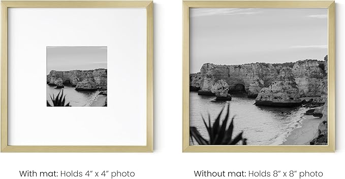 HAUS AND HUES 8x8 Gold Metal Picture Frames Matted to 4x4 - Features Premium Aluminum & Hanging Hardware, Shatterproof Plexiglass - Ideal for Home, Room, Office (8x8 in, Gold, Set of 4)