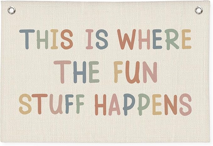 Playroom Wall Decor, Boho Classroom Decorations, Kids Room Decor Canvas Banner Wall Hanging Flag, This is Where All The Fun Stuff Happens Banner