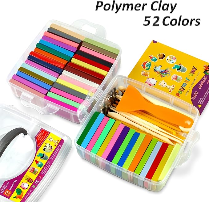 Polymer Clay 52 Colors, Modeling Clay for Kids, Non-Sticky Oven Bake Clay with Sculpting Tools and Accessories, Halloween Christmas Gift for Children and Artists