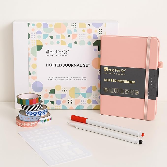 &And Per Se Bullet Dotted Journal Kit, A5 Hardcover Dotted Journaling Set (Pink), 6 Fineliner Pens, 8 Sticker & 5 Stencil Sheets, 6 Washi Tapes with Giftable Box