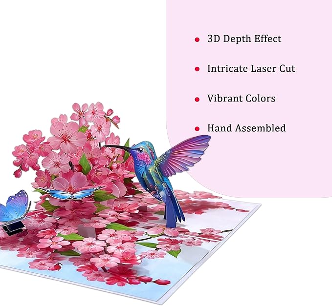 Hummingbird Cherry Blossom Greeting Cards Pop Up 3D Gift for Happy Birthday, Anniversary, Thank you, Blank Notecard, All Occasions Mom Wife Grandma Grand Men Women