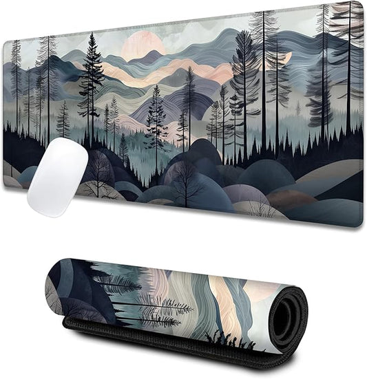 Mountain Landscape Large Gaming Desk Mat,Rubber Non-Slip Tranquil Rolling Hills Mouse Pad,31.5x11.8x0.12in Extended Pine Tree Mousepad,Game Lover Mice Pads Gifts,Office Home Deskmat Decor