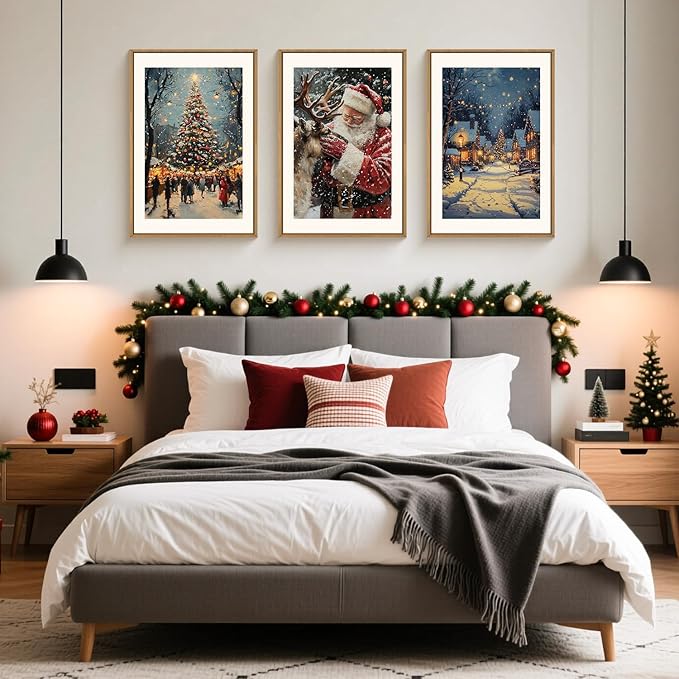 Large Enchanting Christmas Framed Canvas Wall Art Set,Santa Claus Reindeer Wall Decor,Magical Glowing Christmas Tree Artwork,Winter Snowy Village Art Print for Living Room,Bedroom- 16"x24"x3
