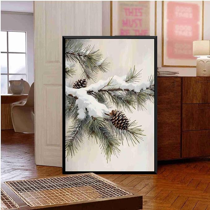 Framed Canvas Wall Art Snowy Fir Branch with Pinecones Vintage Winter Botanical Art Rustic Cottagecore Nature Decor Christmas Wall Print 16x24in Metal blackFramed